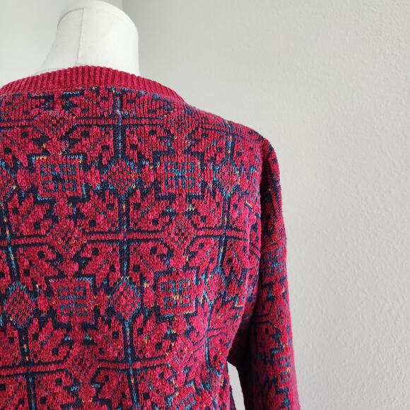 Vintage 80s Isle of Cotton Red Blue Geometric Knit Sweater Drop Shoulder L - Picture 8 of 9